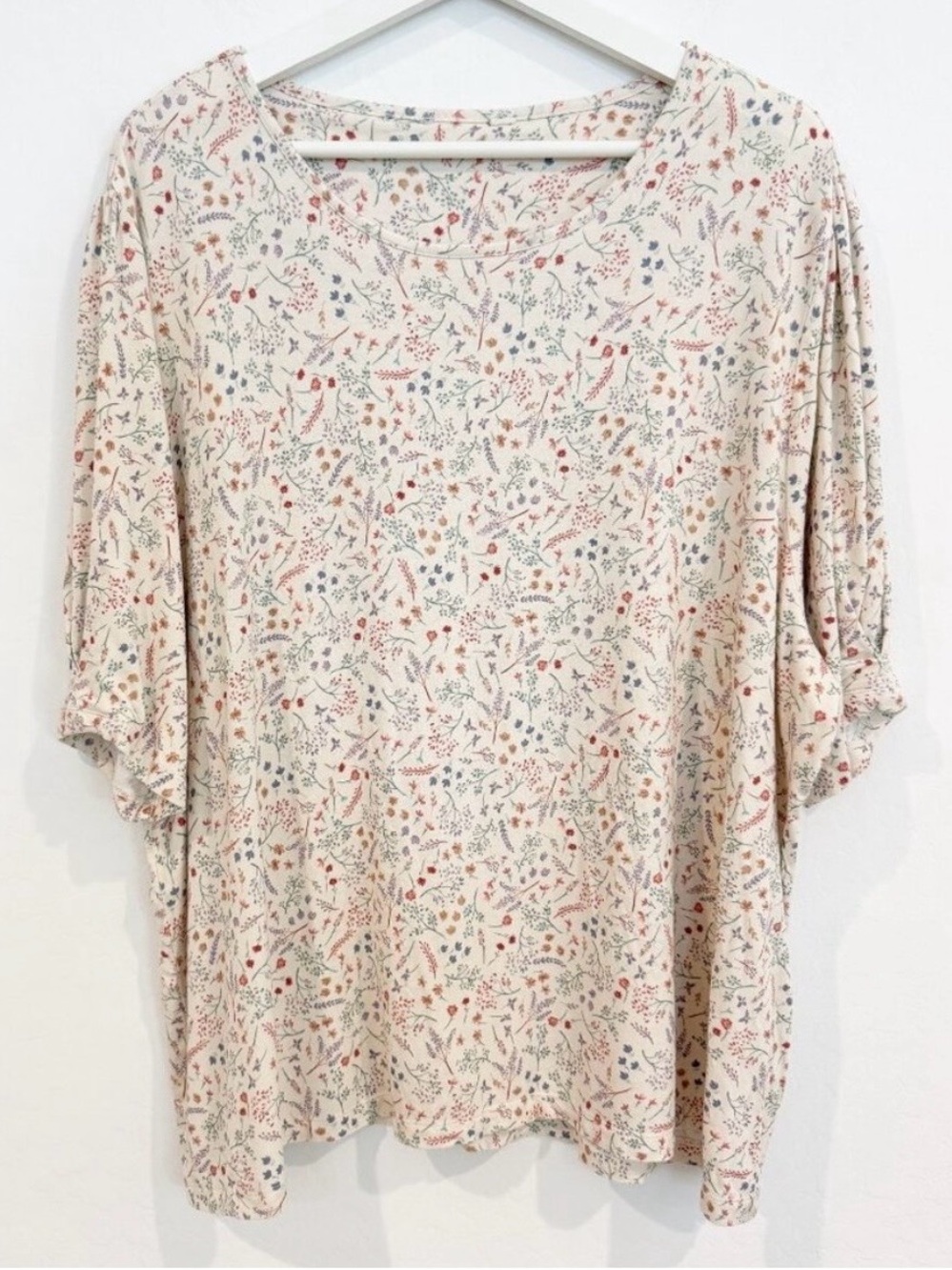 Woolovers Floral Blouse XXL Pleated Short Sleeve Soft Knit‎ Peasant Bloomcore